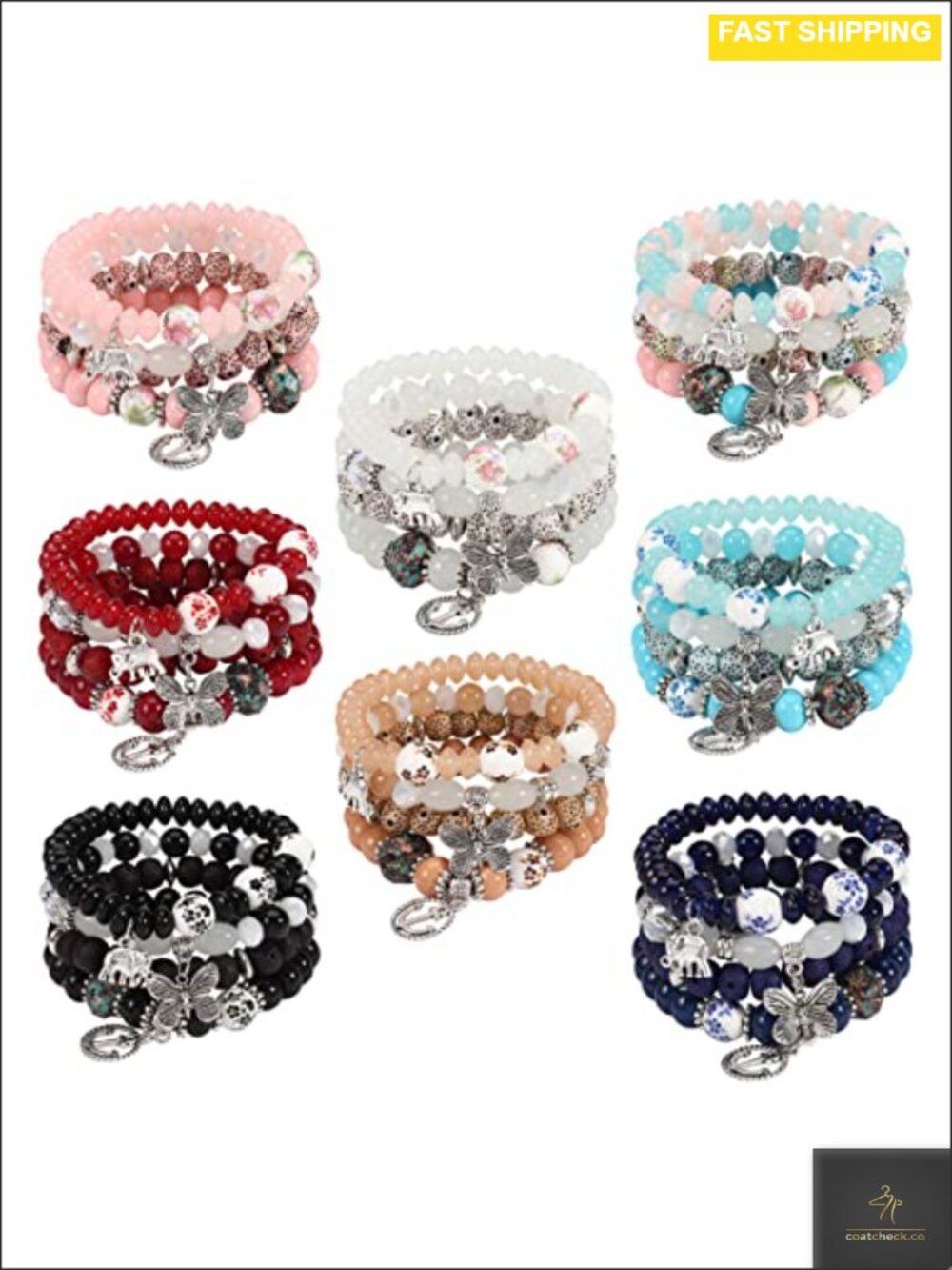 Bohemian Stretch Beaded Bracelet Set with Angel Wings Charm Multilayer Stackable